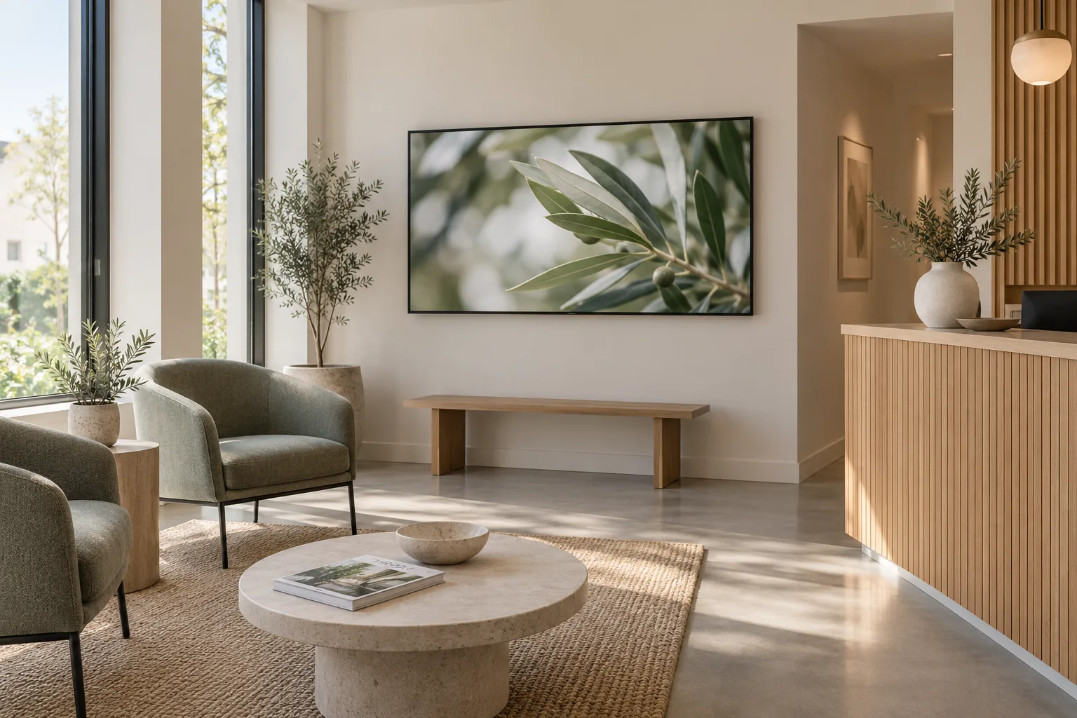 Schermo con immagine botanica in una reception luminosa